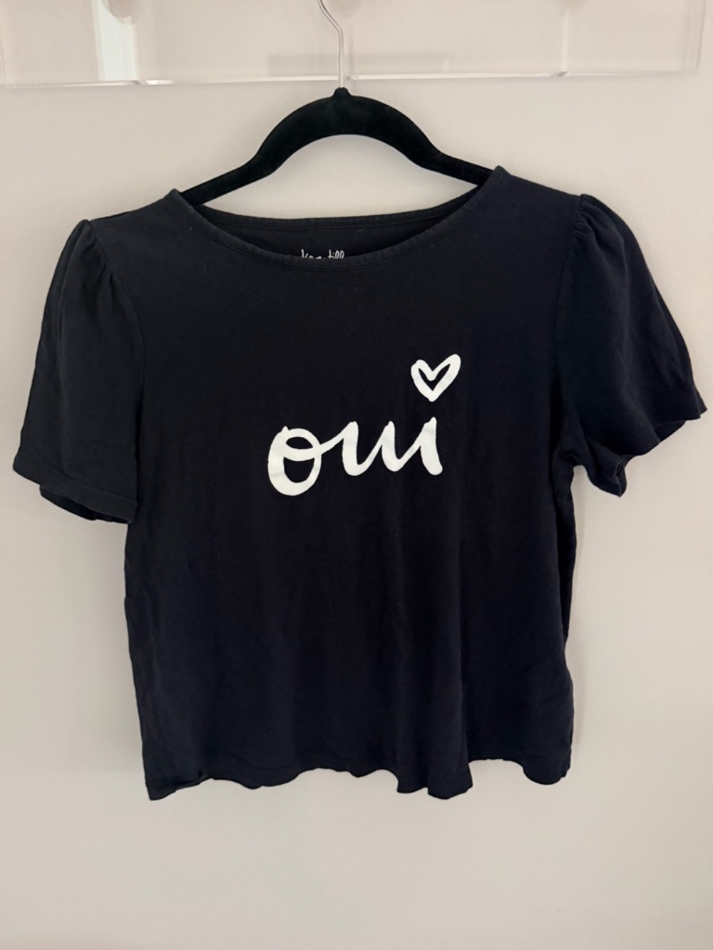 Anthropologie Black Tee with White 'oui' Script and Heart